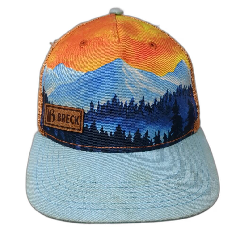Locale Trucker Hat Orange One Size Breck Colorado Mountain Sunset Pine Trees hat